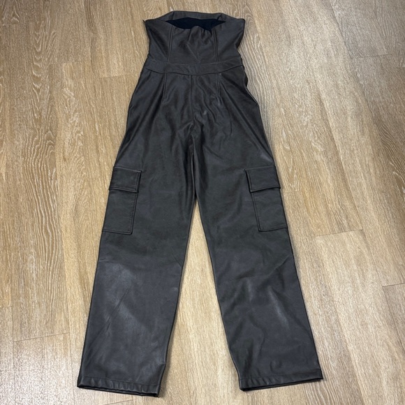 Zara Faux Leather Strapless Cargo Wide Leg Jumpsuit Brown Overalls Romper Small - Picture 9 of 15
